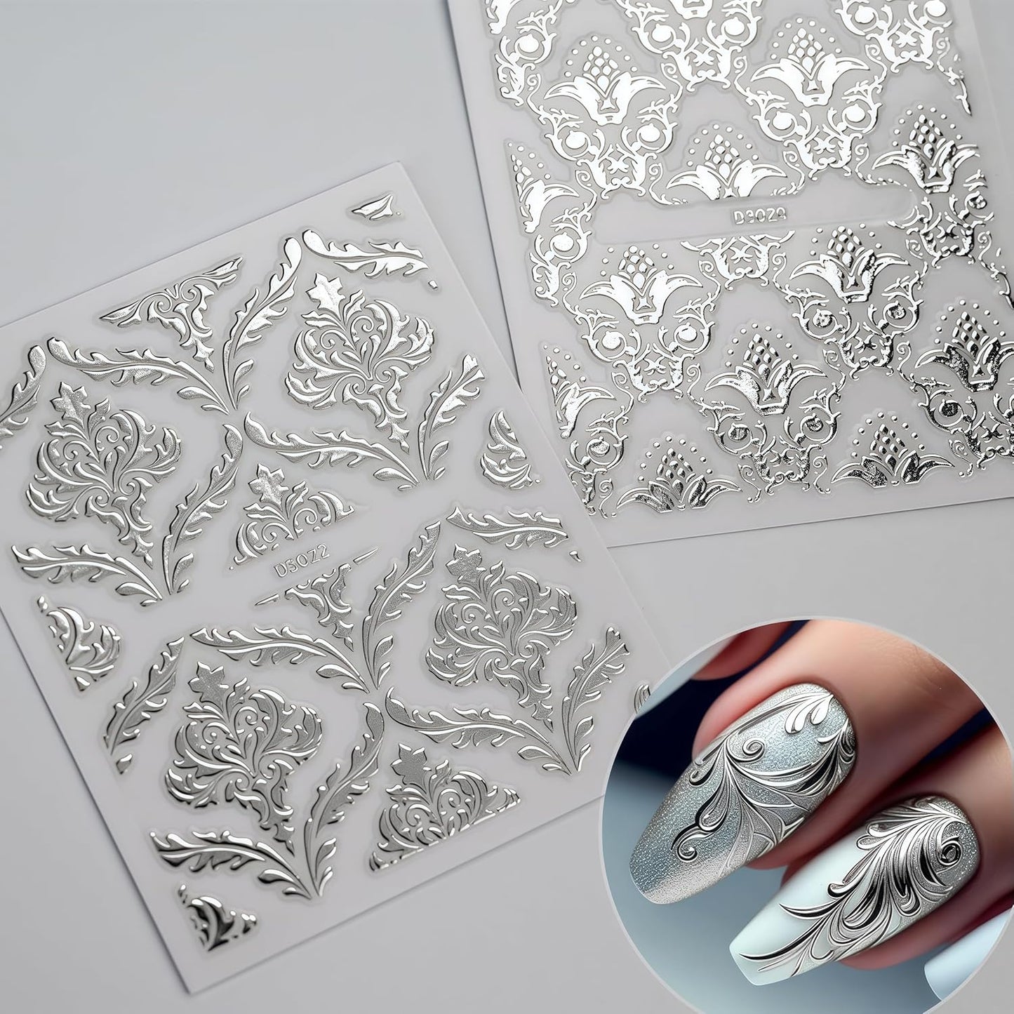 30 Sheets Silver Lace Nail Art Stickers 3D Self-Adhesive Silver Hollow Retro Floral Vine Design Decals for Women Spring Summer Manicure Slider Decorations
