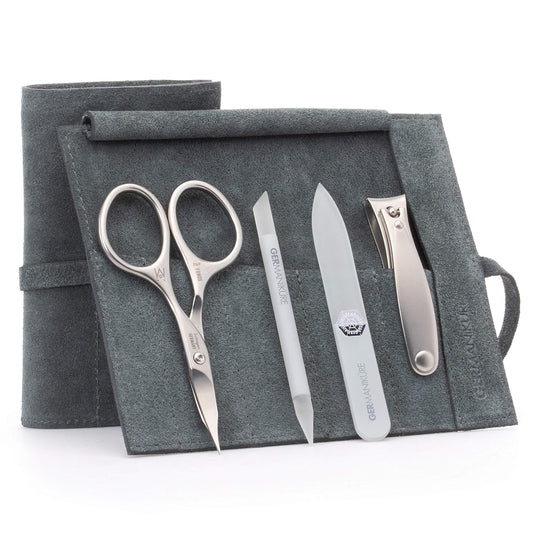 GERMANIKURE 4pc Mini Professional Manicure Set in Suede Case - FINOX Stainless Steel Tools Made in Solingen Germany, Glass Nail Care Supplies Made in Czech Republic | alldaygood beauty