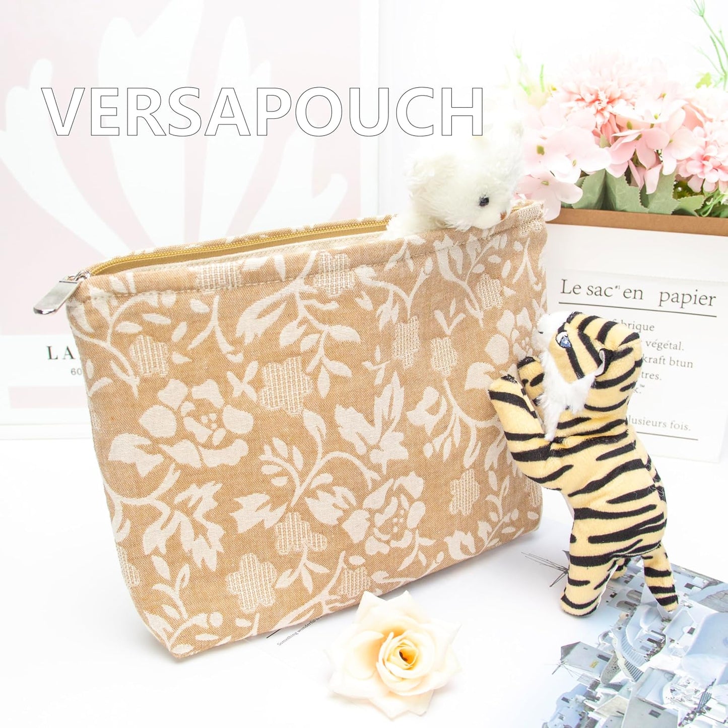 PAZIMIIK Makeup Bag Large Cotton Zipper Pouch for Purse Travel Canvas Make Up Organizer for Women Cosmetic,Rose Linen