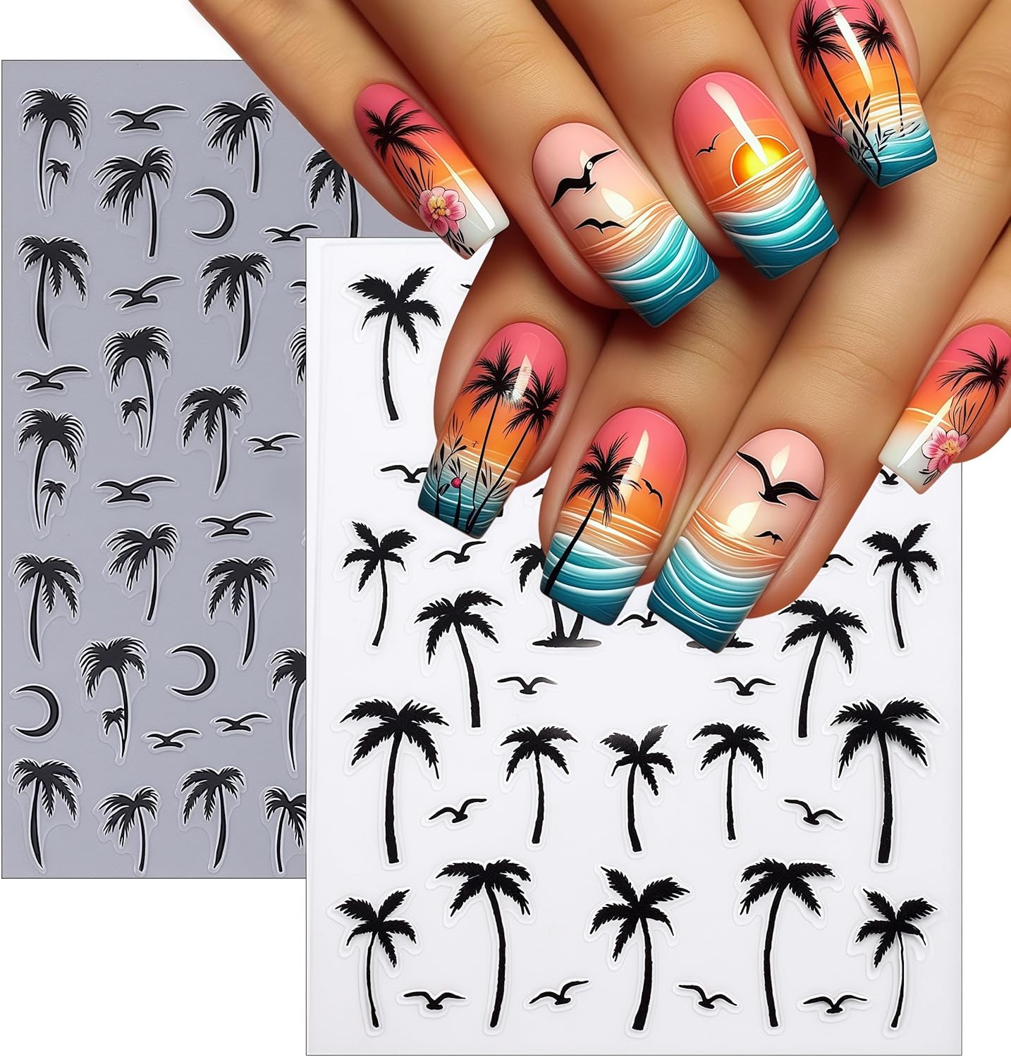 8 Sheets Tropical Palm Tree Nail Art Stickers Coconut Trees Decals Multi-Color Holographic Gradient Design with Birds and Moon Summer Beach Theme Sliders for Women Manicure Decorations