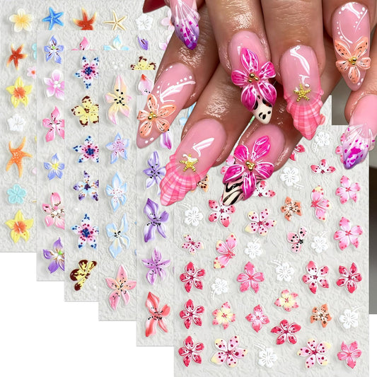 6Sheets Colorful Flower Nail Art Stickers 5D Micro Embossed Hawaiian Flowers Nail Decals Lily Hibiscus Floral Nail Design Tropical Flower Manicure Supplies Summer Floral Nail Accessories for Women | alldaygood beauty