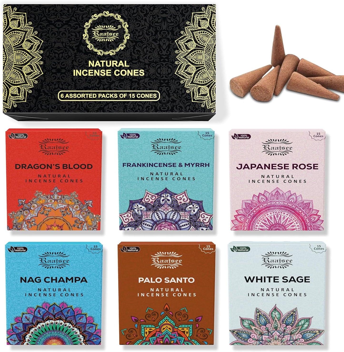 Raajsee Natural Incense Cones,6 Pack Mixed Scents Gift Pack 15 pc Each (90 Total), Insense Cones Variety Pack, 100% Organic Non Toxic Natural - Hand Rolled Free from Chemicals (Pack 2)