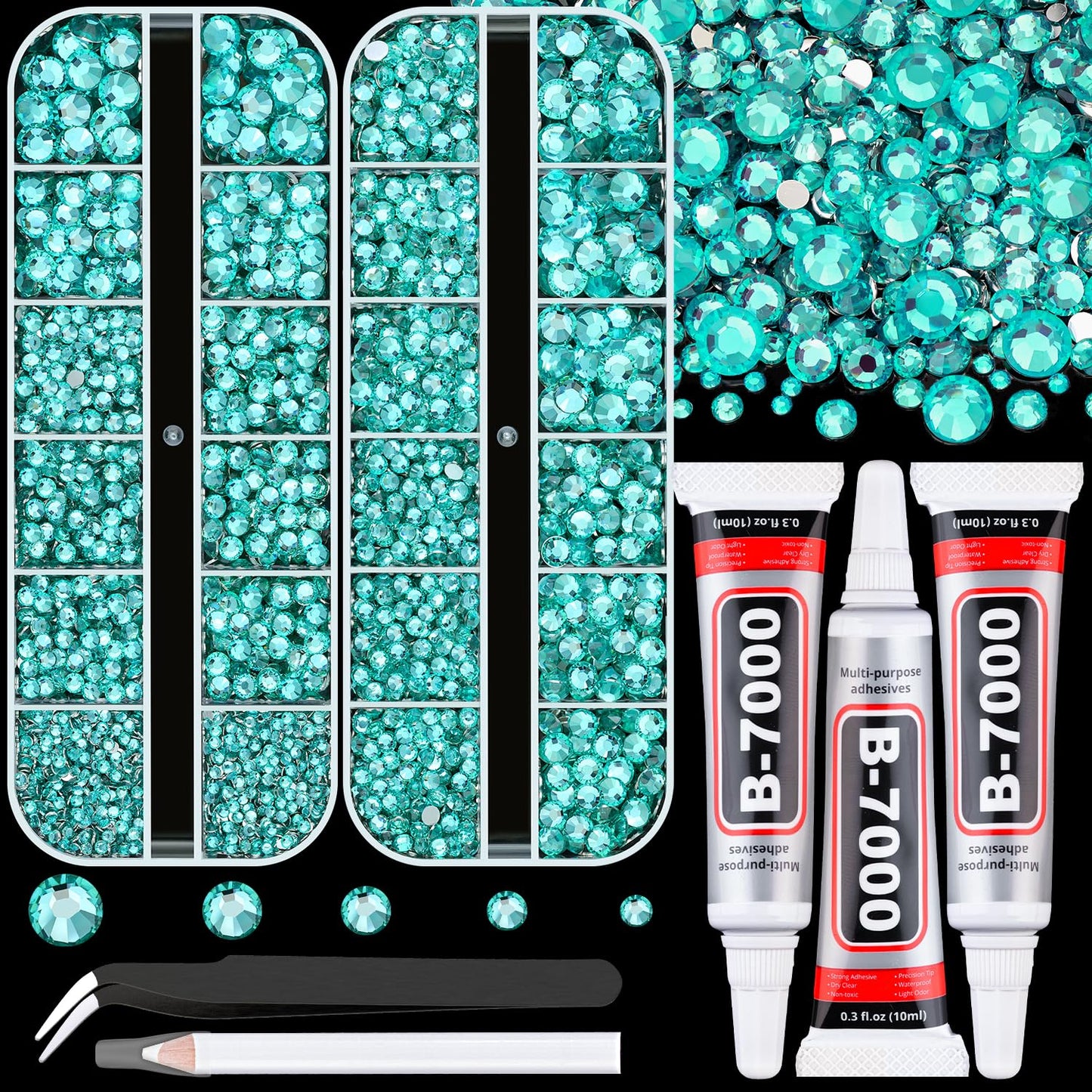 Resin Rhinestones for Crafting with B7000 Jewelry Glue, 2 Boxes Aquamarine Flatback Crystals with 3Pcs 10ml Glue for Bedazzling Crafts DIY Nail Art Makeup, Gems for Clothing Shoes