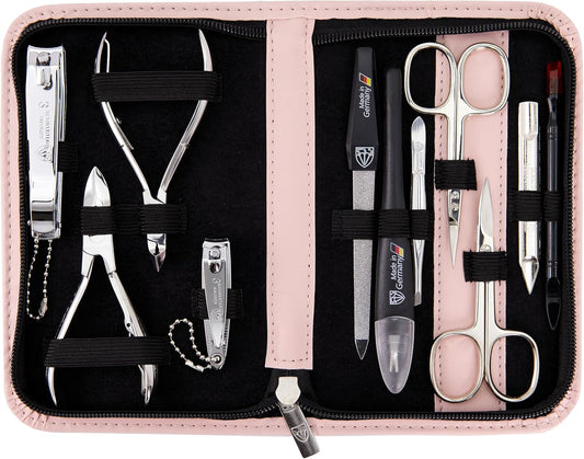 3 Swords Germany - brand quality 10 piece manicure pedicure grooming kit set for nail care scissors clipper pink synthetic leather case - Made by 3 Swords | alldaygood beauty