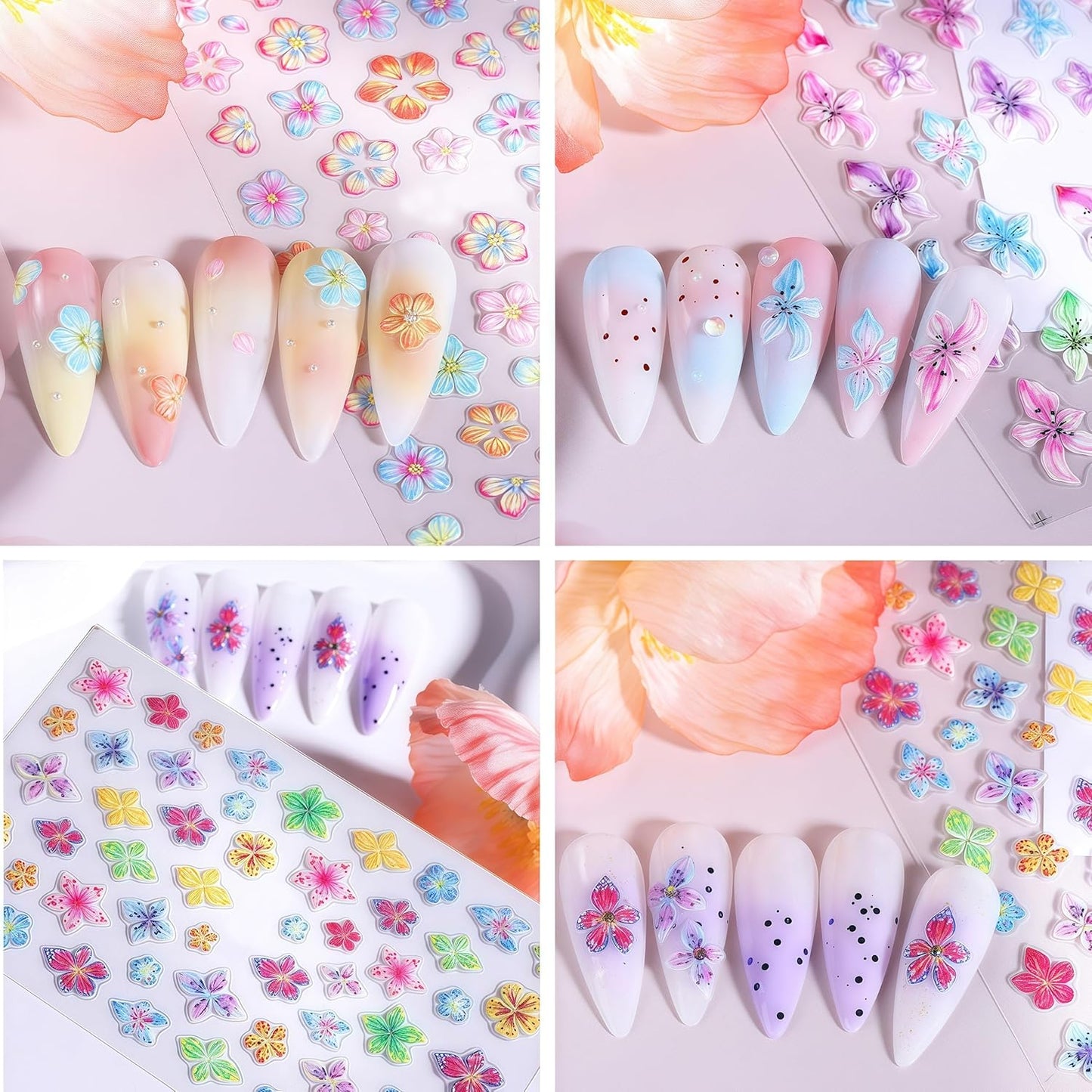 Flower Nail Art Stickers 5D Embossed Self Adhesive Lily Flower Stickers Summer Hibiscus Floral Decals Charms Vacation Design Pegatinas para Uñas for Women Girls DIY Manicure Decoration 3 Sheet