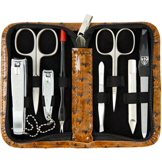 3 Swords Germany – brand quality 8 piece manicure pedicure grooming kit set for professional nail care with synthetic leather case ostrich cognac - Made in Germany | alldaygood beauty