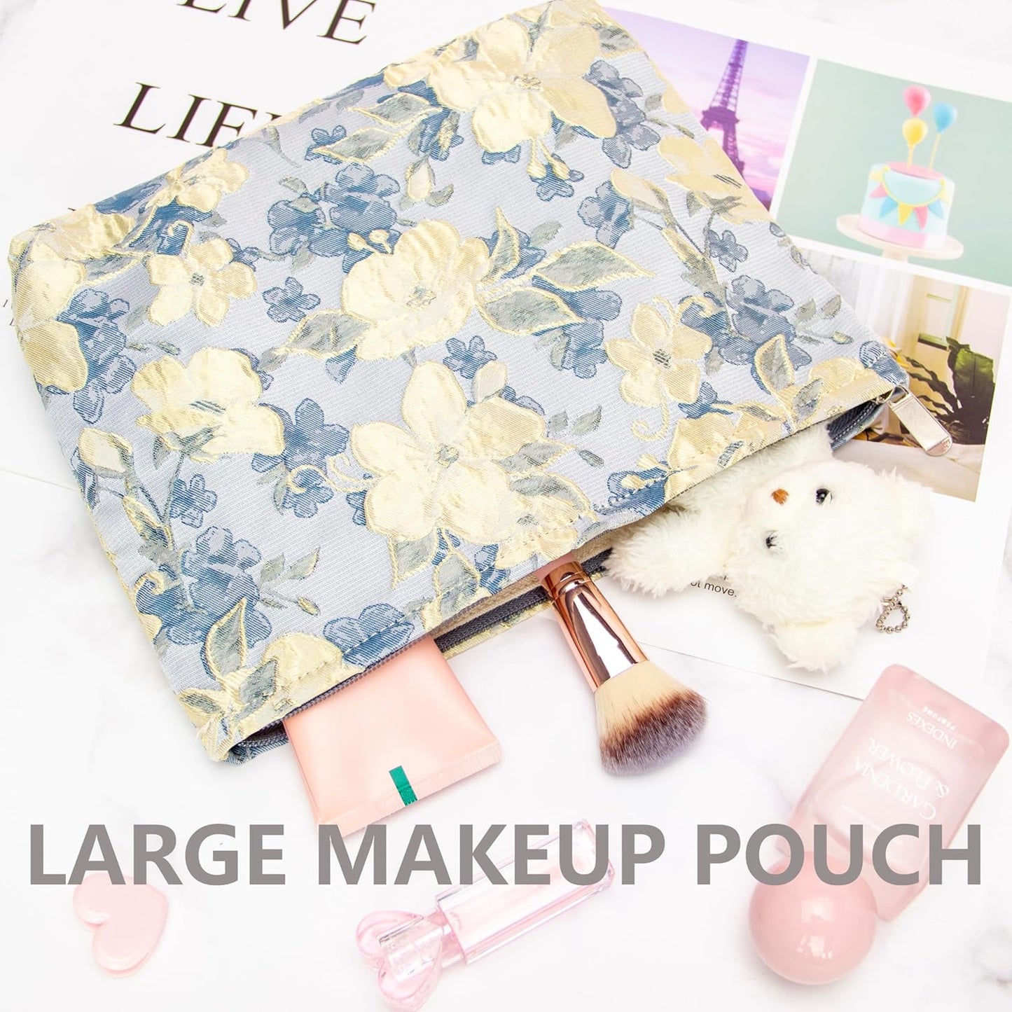 PAZIMIIK Makeup Bag Large Cotton Zipper Pouch for Purse Travel Canvas Make Up Organizer for Women Cosmetic,Brocade Blue