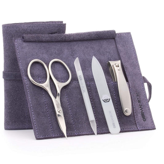 GERMANIKURE 4pc Mini Professional Manicure Set in Suede Case - FINOX Stainless Steel Tools Made in Solingen Germany, Glass Nail Care Supplies Made in Czech Republic | alldaygood beauty