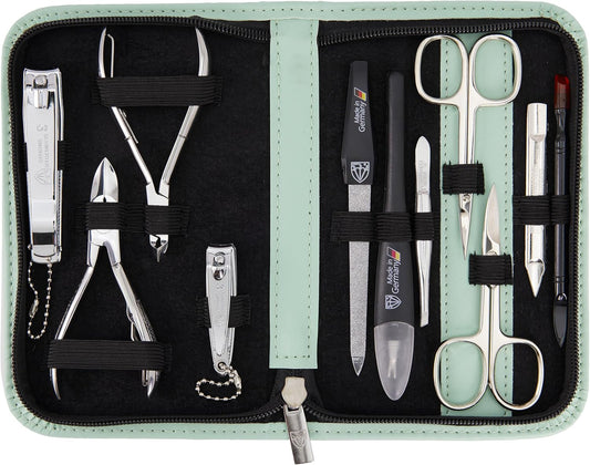 3 Swords Germany - brand quality 10 piece manicure pedicure grooming kit set for nail care scissors clipper mint synthetic leather case - Made by 3 Swords | alldaygood beauty