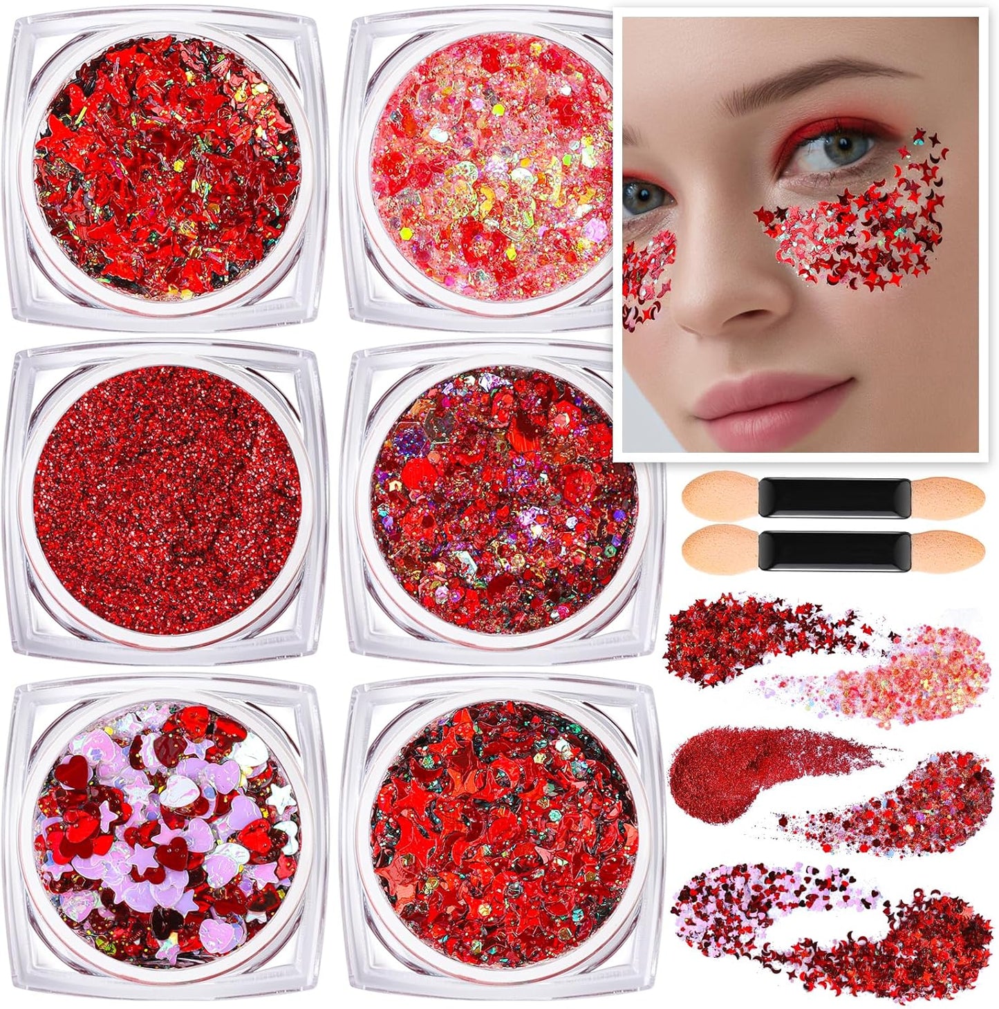 Teenitor Face Glitter, Red Body Glitter Gel, Hair Glitter, 6 Shapes Festival Rave Body Makeup Glitters Gel, Chunky Sparkling Glitter for Face, Body and Hair