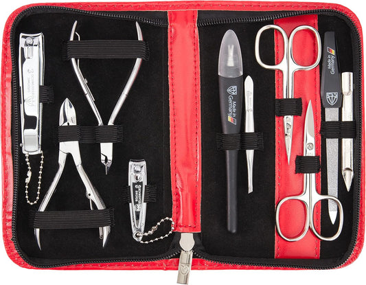 3 Swords Germany - brand quality 10 piece manicure pedicure grooming kit set for professional finger & toe nail care scissors clipper fashion leather case in gift box, Made by 3 Swords (03614) Red | alldaygood beauty