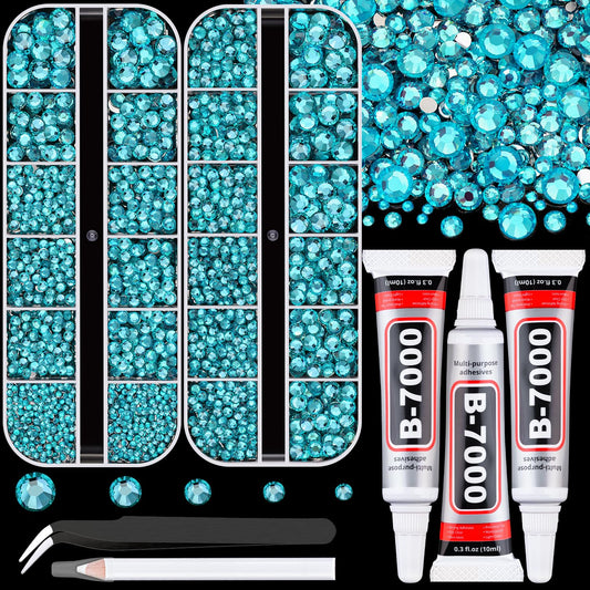 Resin Rhinestones for Crafting with B7000 Jewelry Glue, 2 Boxes Teal Blue Flatback Crystals with 3Pcs 10ml Glue for Bedazzling Crafts DIY Nail Art Makeup, Gems for Clothing Shoes