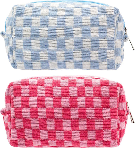 PAZIMIIK Checkered Makeup Bag for Purse Portable Zipper Make Up Pouch Small Cosmetic Case for Travel Accessories (2PCS Blue Hotpink)