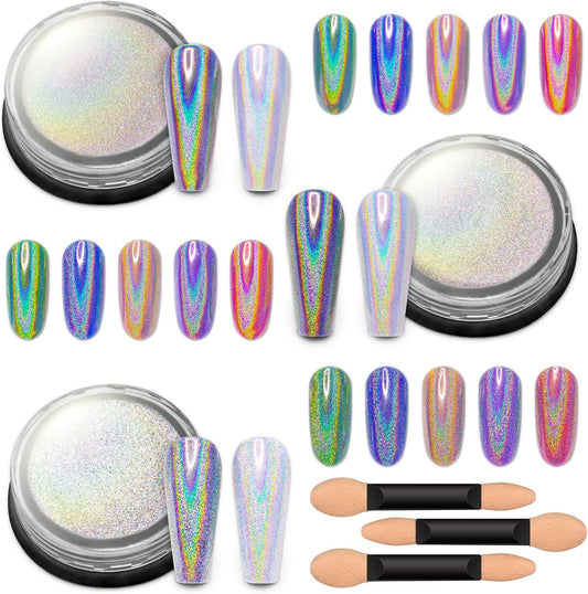 Artdone 3jars Holographic Chrome Nail Powder 1Gram Each, Unicorn Holo Rainbow Mirror Effect 20um 35um 65um Nail Pigment kit For Gel Polish Nail Art crome Set | alldaygood beauty