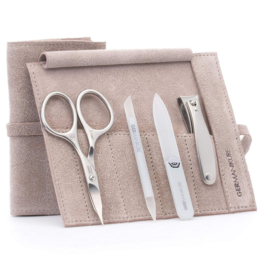 GERMANIKURE 4pc Mini Professional Manicure Set in Suede Case - FINOX Stainless Steel Tools Made in Solingen Germany, Glass Nail Care Supplies Made in Czech Republic | alldaygood beauty