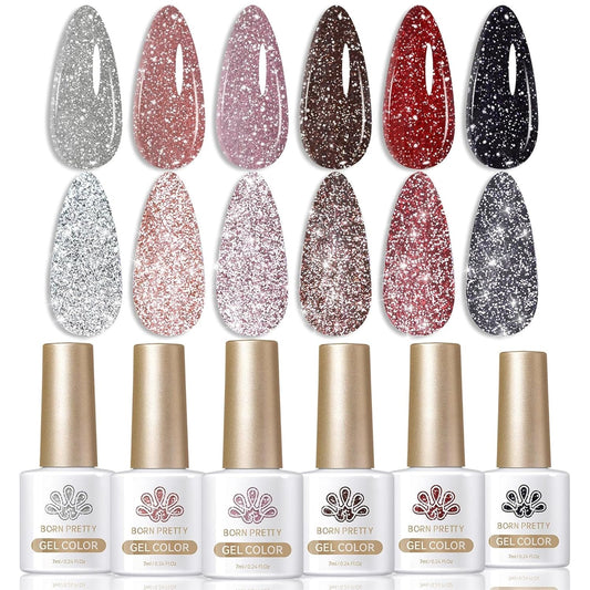 Born Pretty Reflective Red Glitter Gel Polish Christmas Glitter Gel Polish Sparkly Shiny Disco DJ LED Nail Polish Varnish Silver Red Black Colors Collection 6PCS 7ML | alldaygood beauty