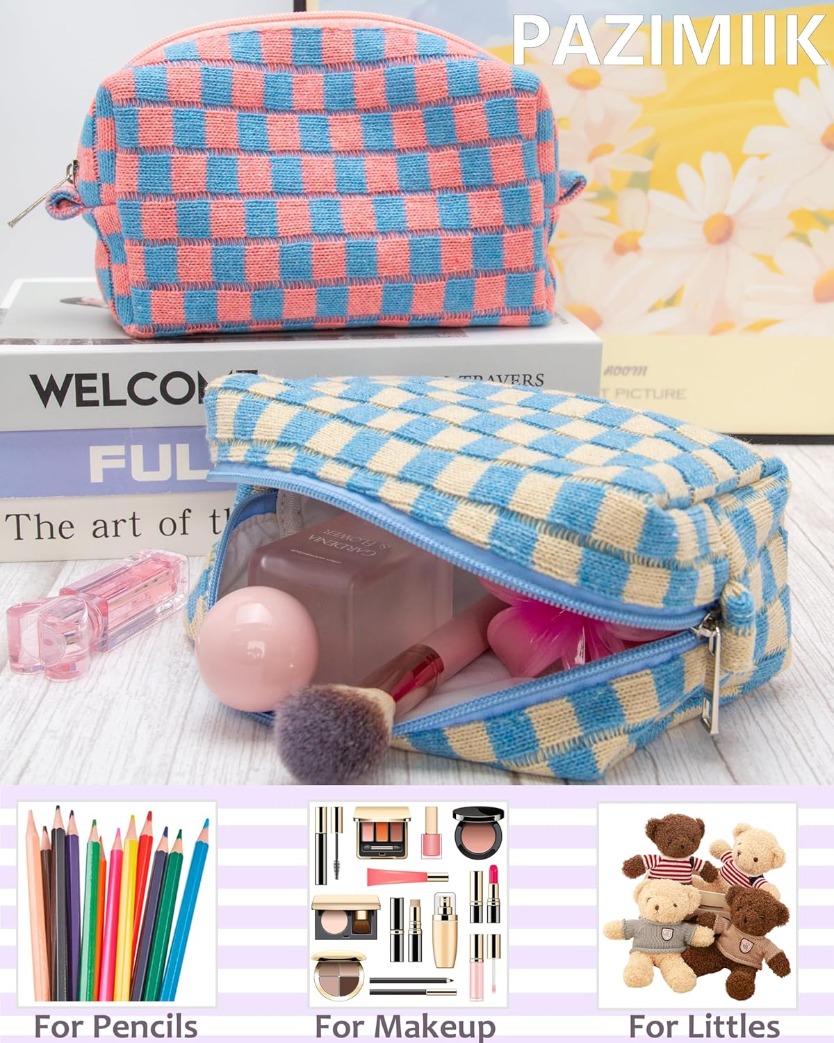 PAZIMIIK Checkered Makeup Bag for Purse Portable Zipper Make Up Pouch Small Cosmetic Case for Travel Accessories Blue Beige