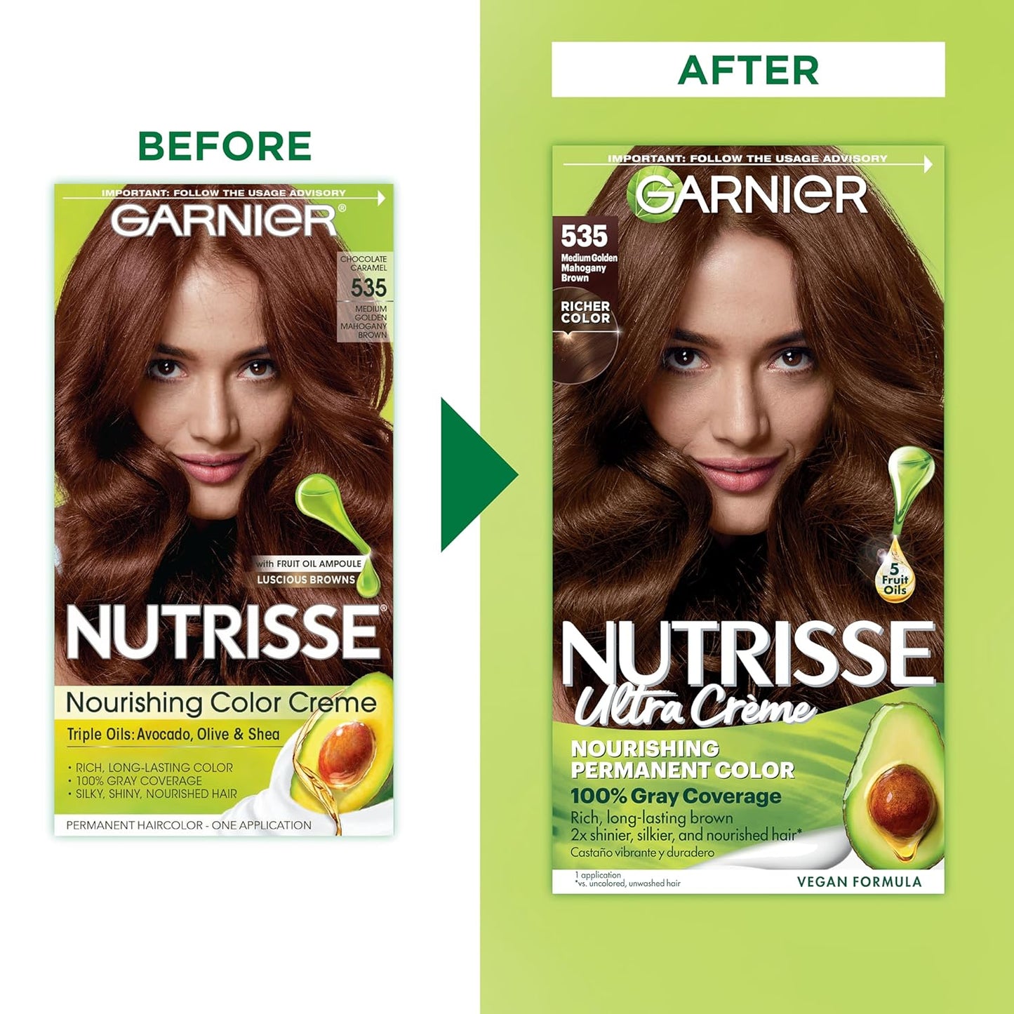 Garnier Hair Color Nutrisse Nourishing Creme, 535 Medium Golden Mahogany Brown (Chocolate Caramel) Permanent Hair Dye, 1 Count (Packaging May Vary)