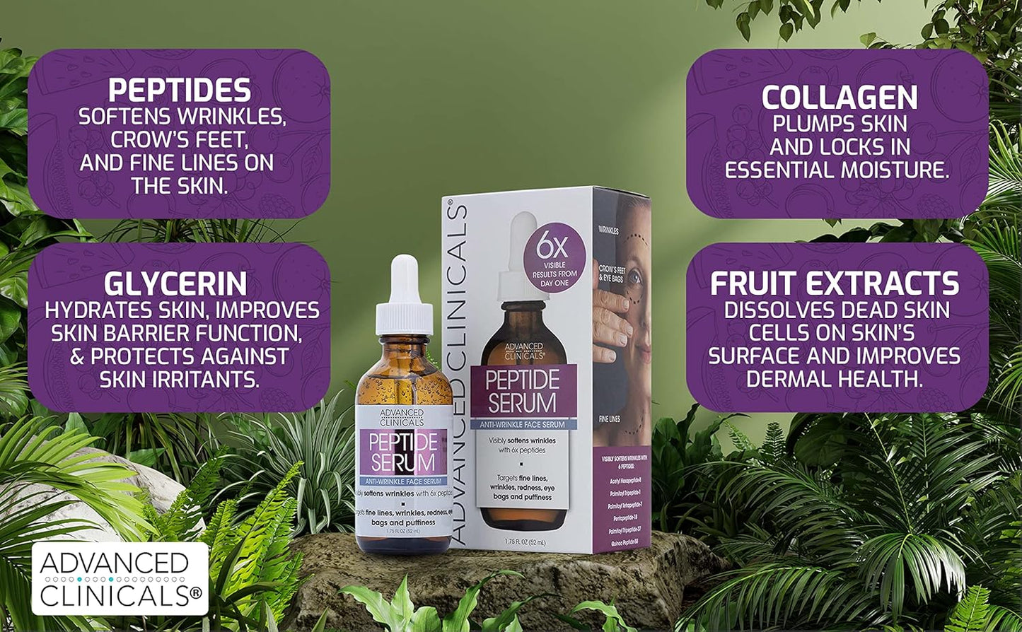 Advanced Clinicals Hyaluronic Acid Face Serum & Peptide Facial Serum Skin Care Bundle W/Collagen Skincare Set. Hydrating Serums For Wrinkles, Dry Skin, Fine Lines, 1.75 Fl Oz (Set of 2)