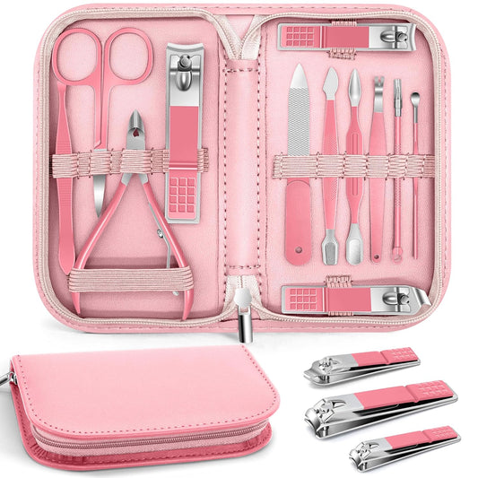 BLESWIN Manicure Pedicure Set, 12 Pcs Nail Care Kit for Women, Mens Nail Grooming Kit, Manicure & Pedicure Tools & Accessories, Pink Nail Kit Manicure Set Luxury Leather Case for Home Salon Use | alldaygood beauty