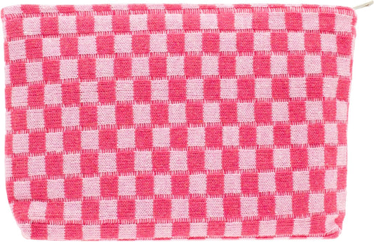 PAZIMIIK Knit Checkered Makeup Bag Large Zipper Make Up Accessory Pouch for Purse Cosmetic Brush Bag for Travel Essential,Hotpink