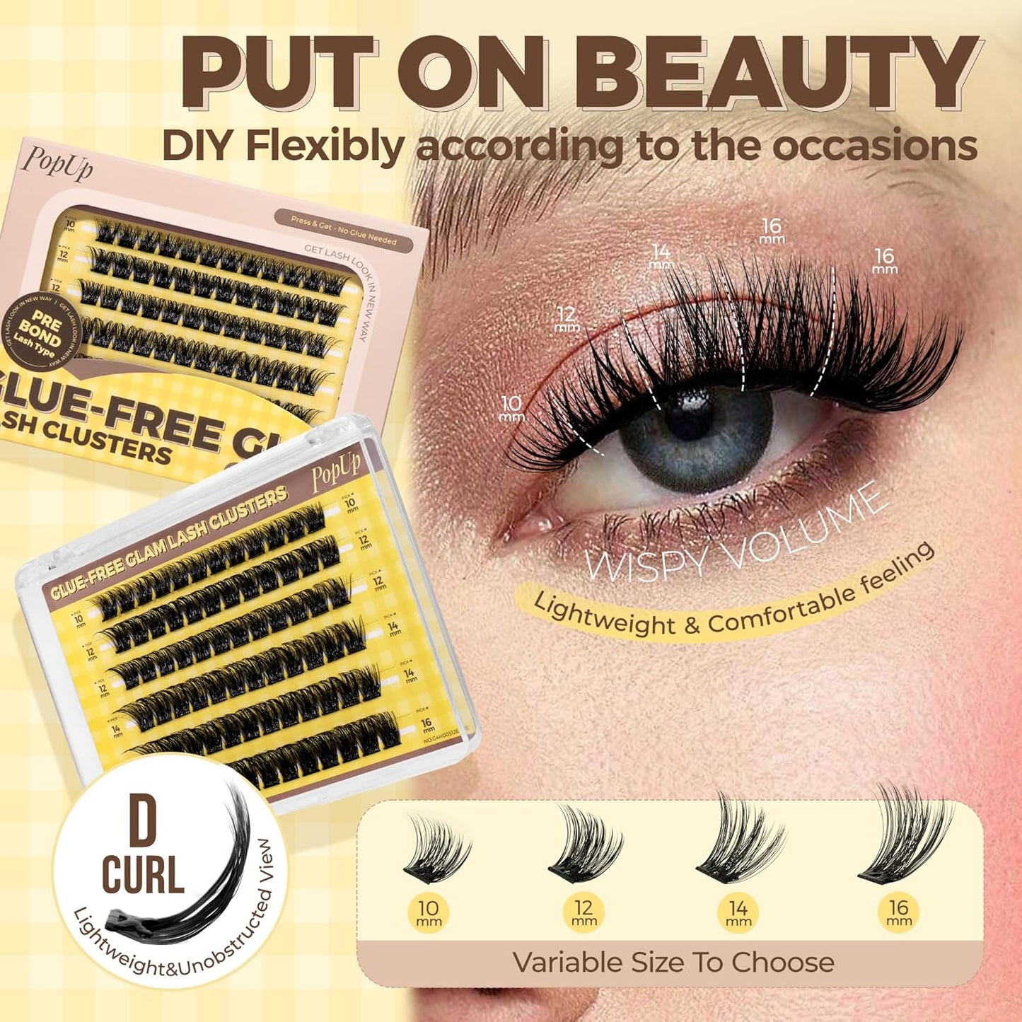 PopUp Self Adhesive Eyelashes Clusters, Press On Lashes Pre Glued Eyelash Extension Kit with Lash Tweezer,10-16mm No Glue No Remover Needed Self Adhesive Lashes Clusters ZNF23