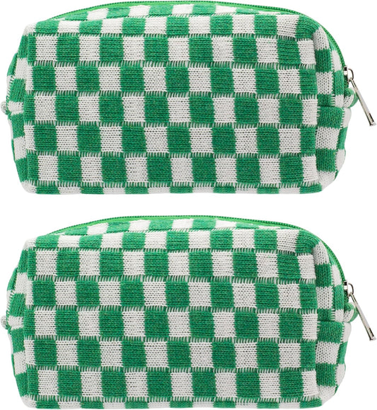 PAZIMIIK Checkered Makeup Bag for Purse Portable Zipper Make Up Pouch Small Cosmetic Case for Travel Accessories (2PCS Green)
